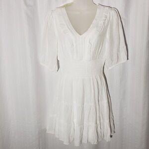 Kings Road Dress Sz PM Lined Fitted Bodice Puff Sleeves Flowy, Tiered Boho White